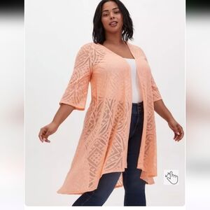 Torrid 00/0 Peach Geo Mesh Hi Low Kimono M L Beach Vacation Whimsical 2700